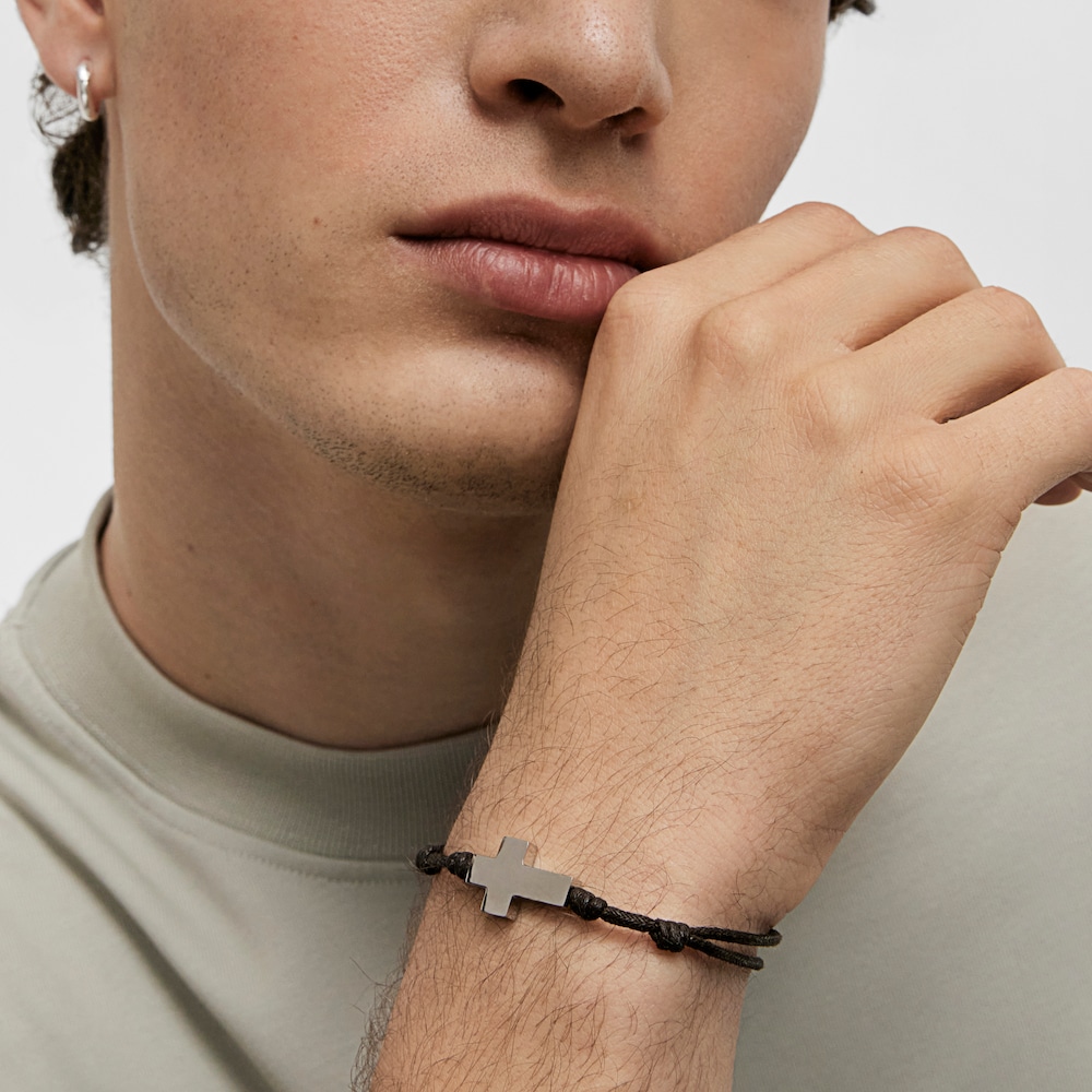Pulsera de acero y cord&oacute;n marr&oacute;n TOUS Cruz