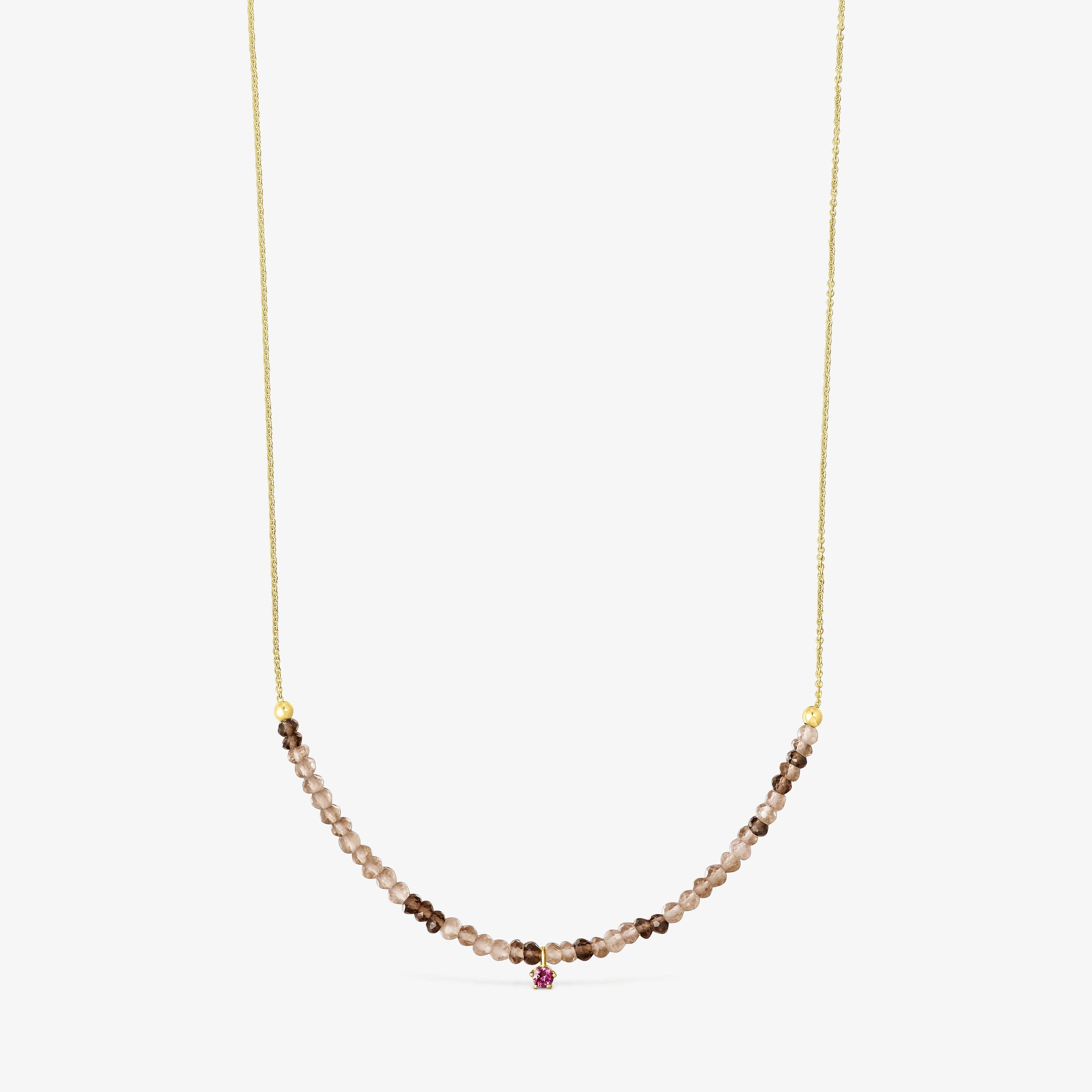 18K Solid Gold TOUS Cool Joy Necklace with smoky quartz and rhodolite