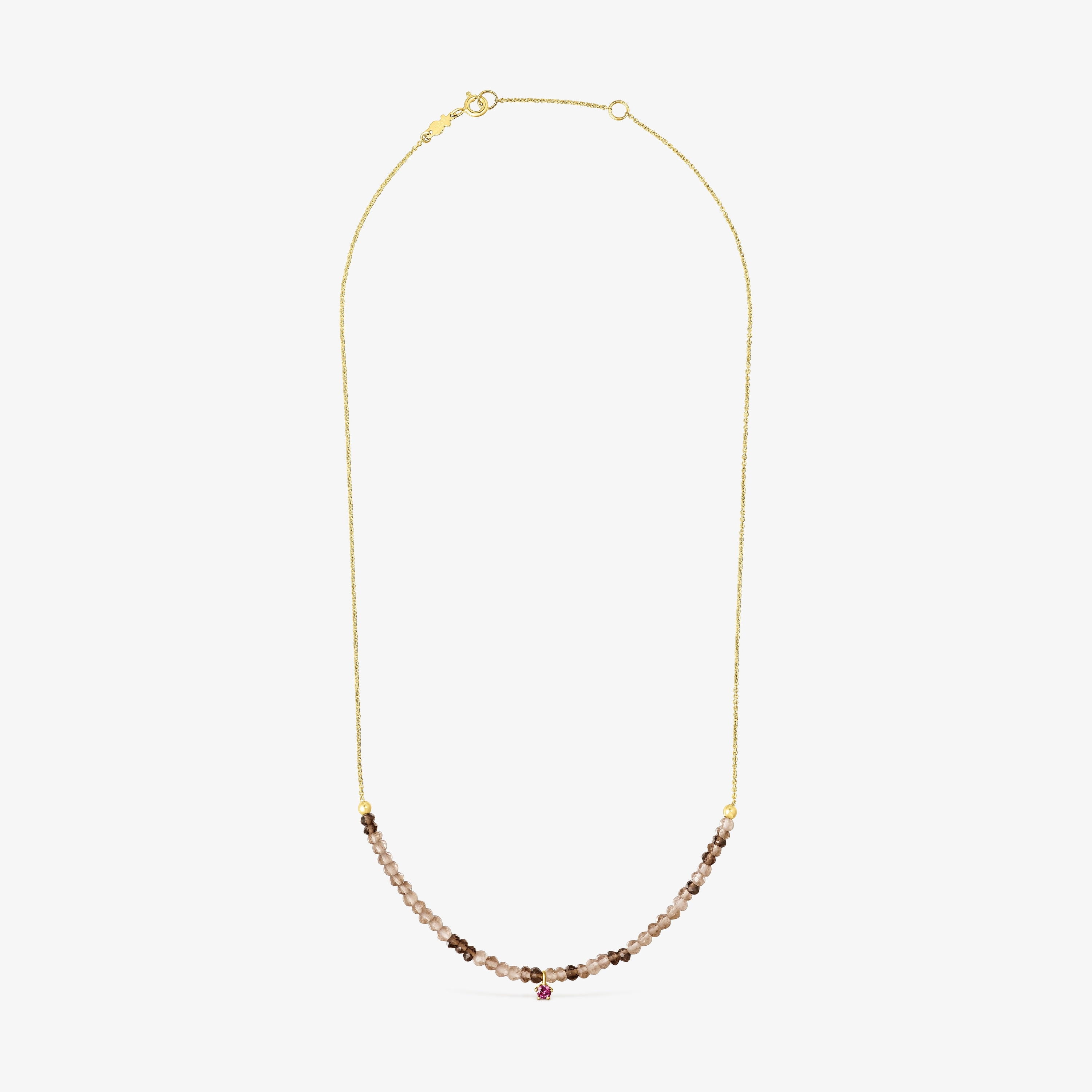 18K Solid Gold TOUS Cool Joy Necklace with smoky quartz and rhodolite