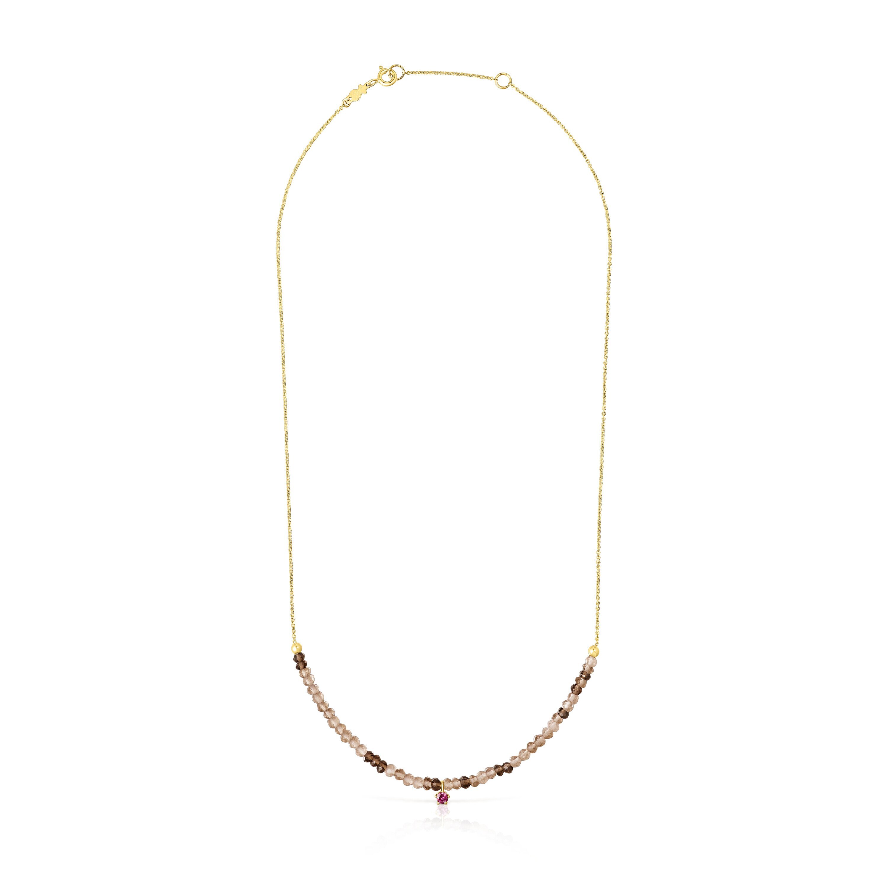 Gold TOUS Cool Joy Necklace with smoky quartz and rhodolite