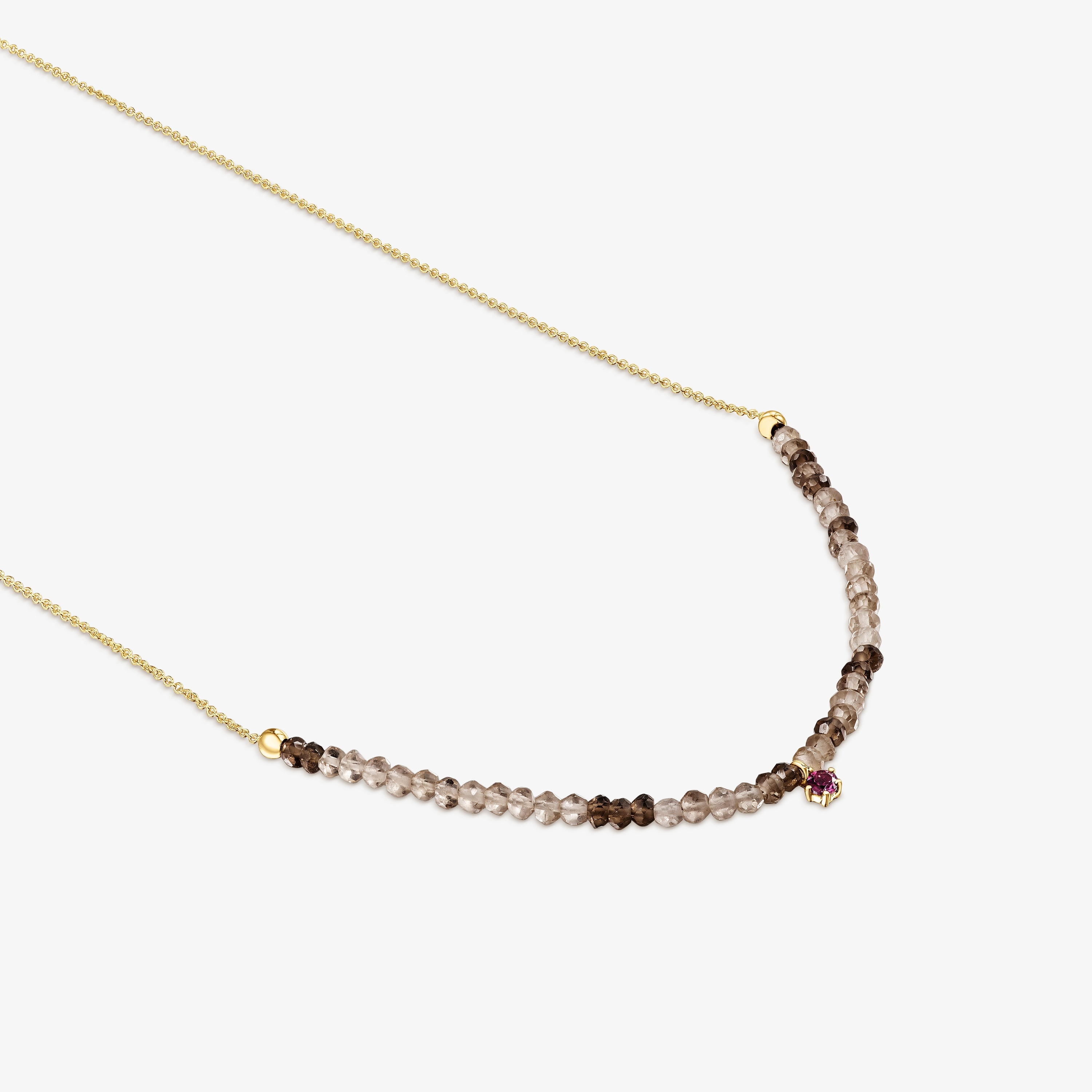 18K Solid Gold TOUS Cool Joy Necklace with smoky quartz and rhodolite