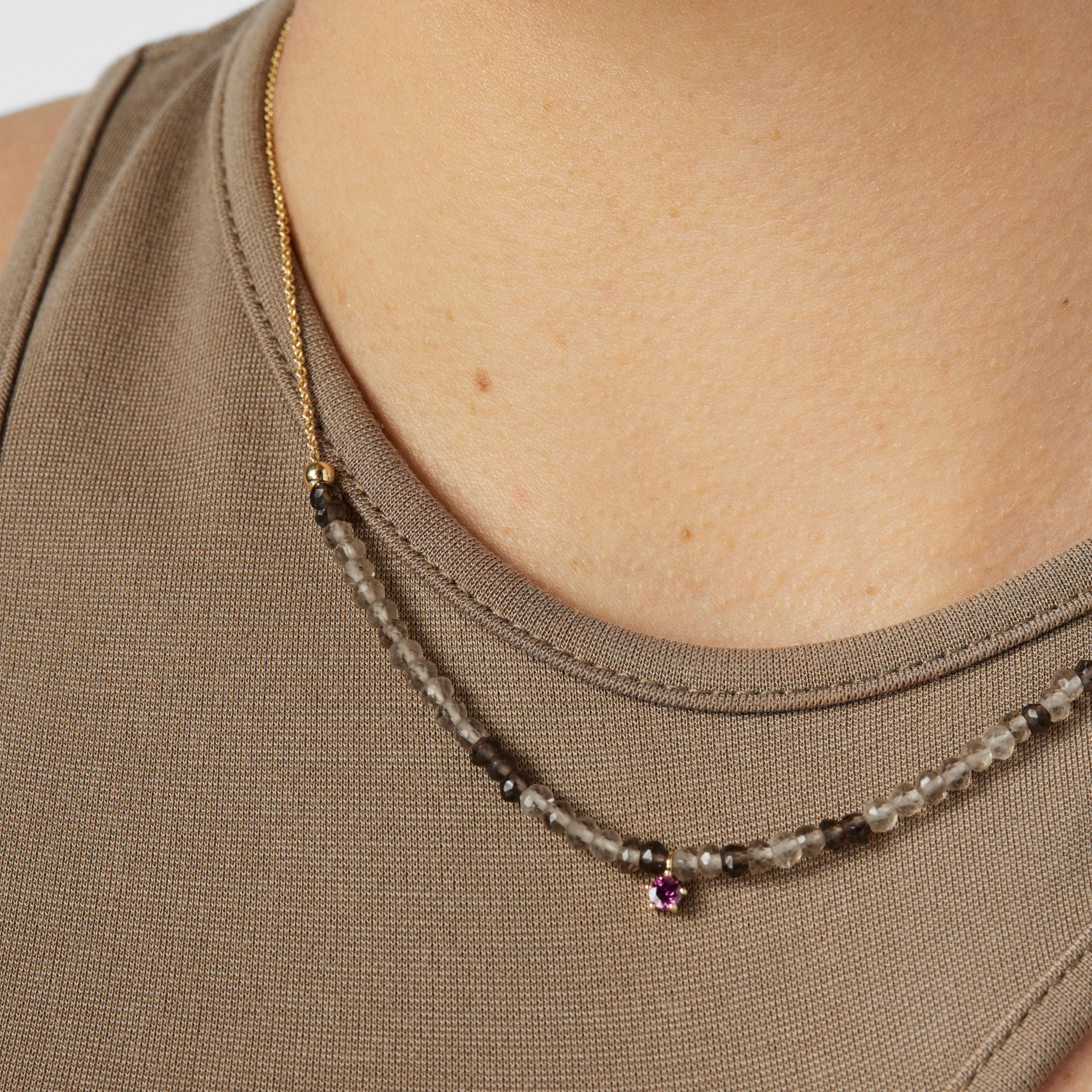 18K Solid Gold TOUS Cool Joy Necklace with smoky quartz and rhodolite
