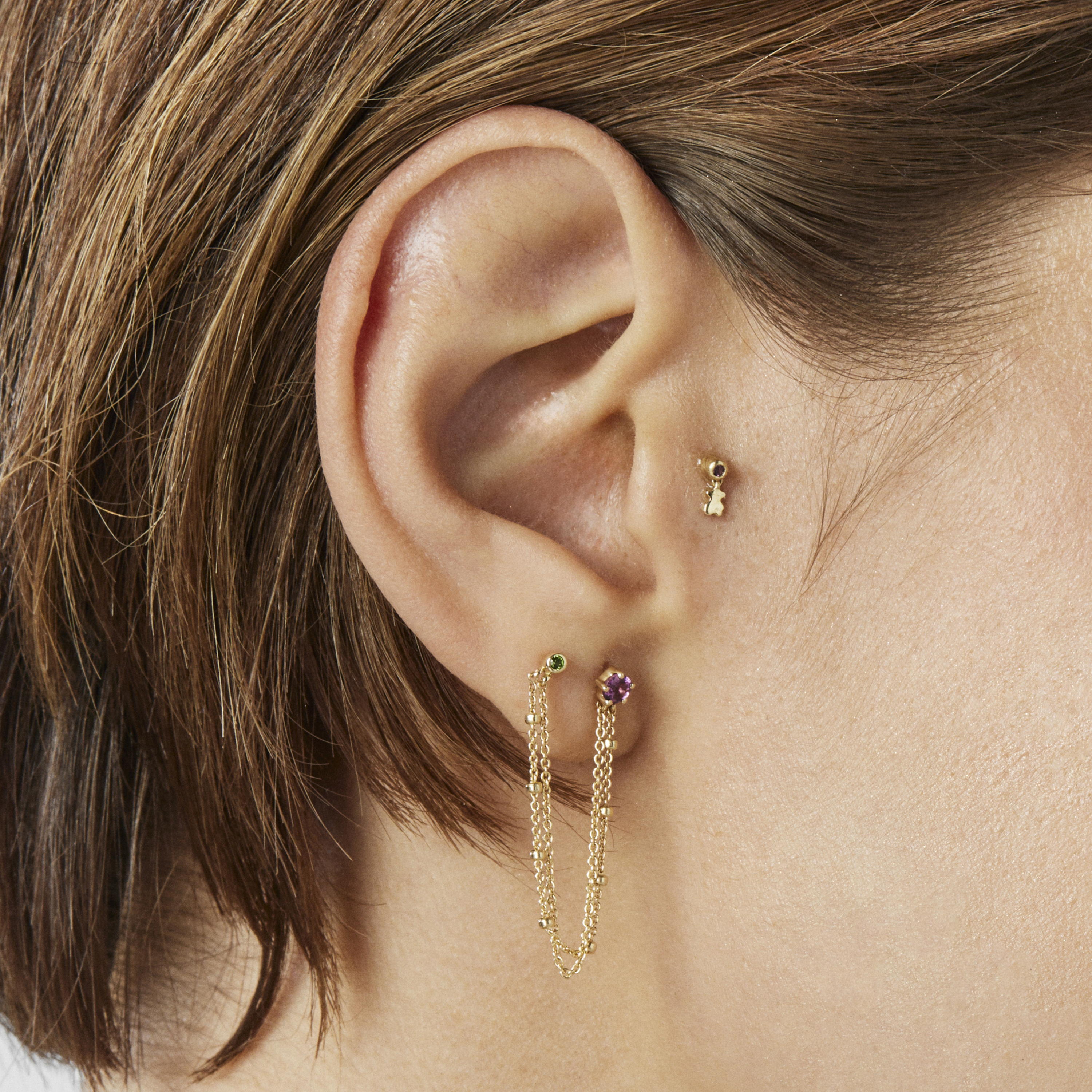 18K solid gold TOUS Cool Joy Ear piercing with rhodolite and bear motif