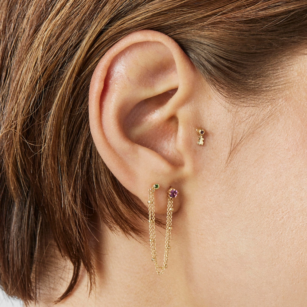 Piercing do ucha wykonany ze złota Cool Joy z rodolitem i motywem misia