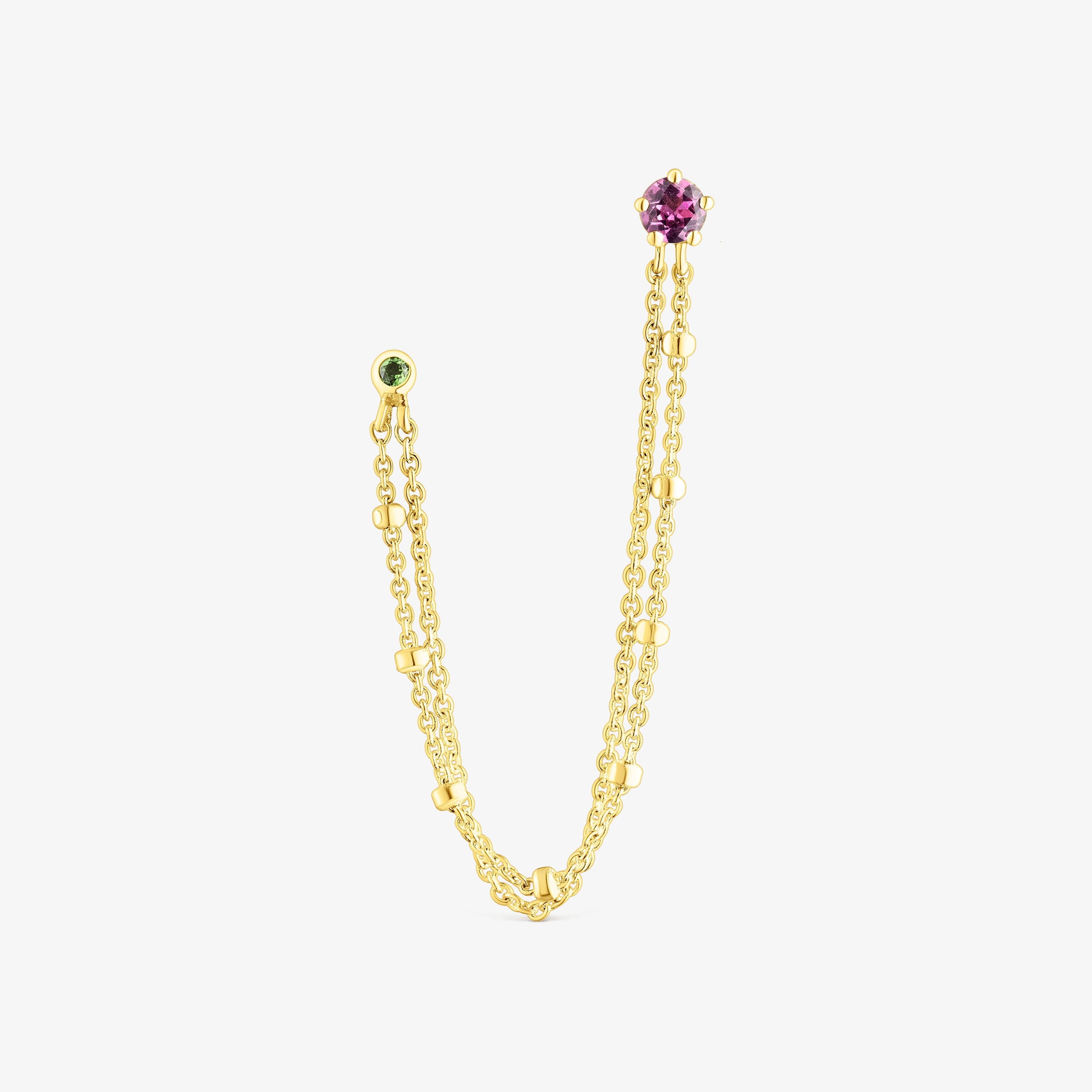 18K Solid Gold TOUS Cool Joy 1/2 Double earring with rhodolite and chrome diopside