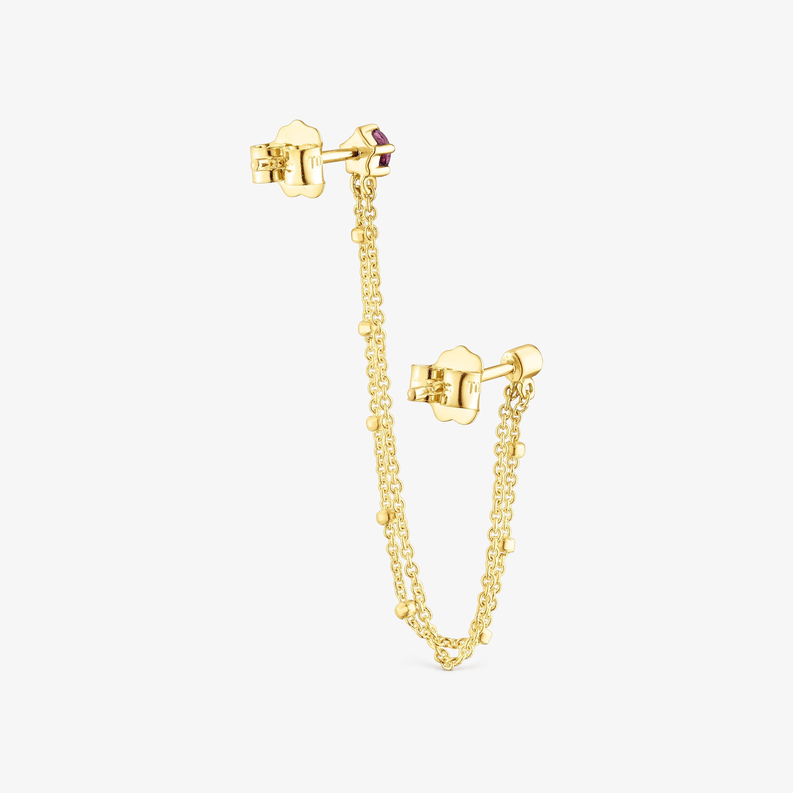 18K Solid Gold TOUS Cool Joy 1/2 Double earring with rhodolite and chrome diopside