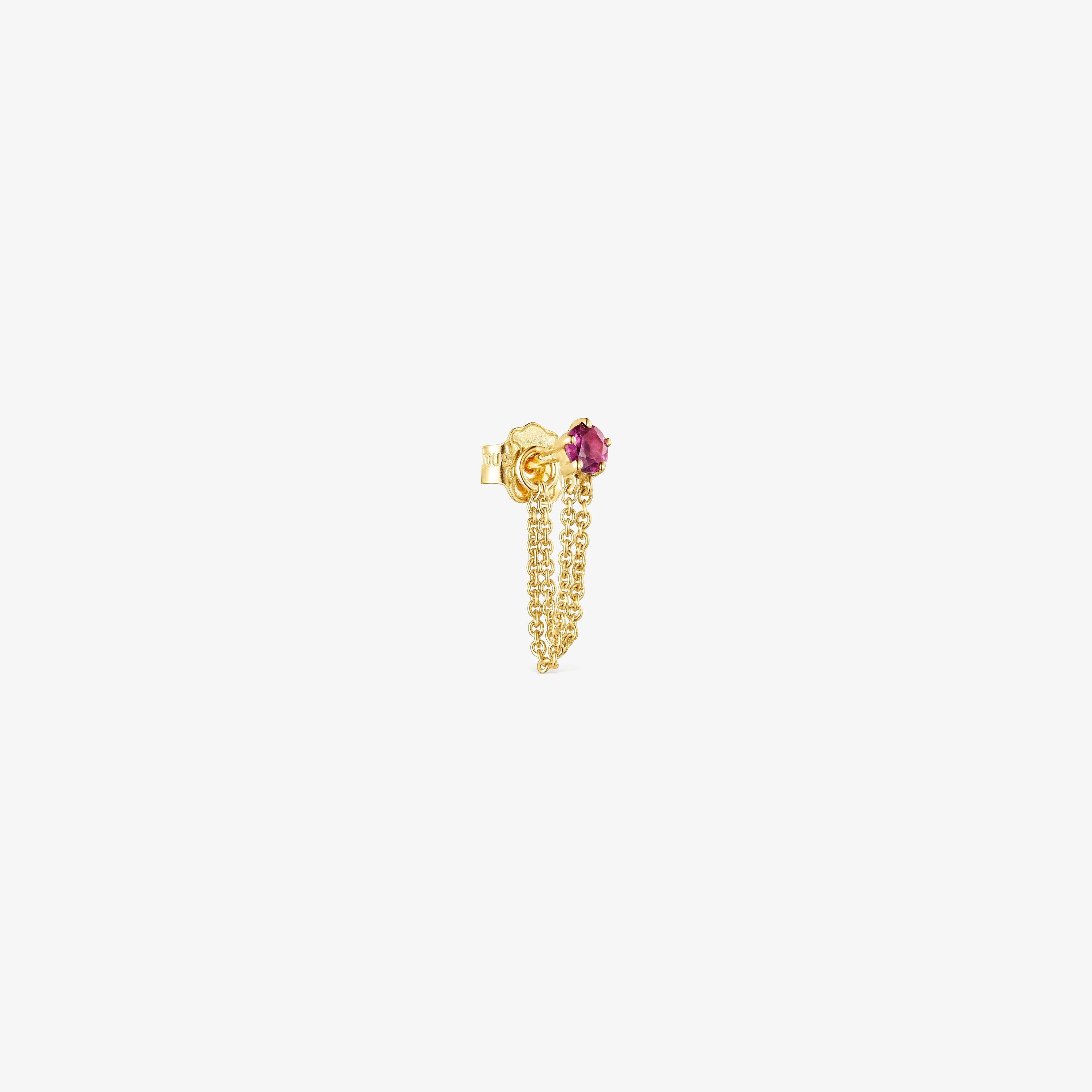 18K Solid Gold TOUS Cool Joy 1/2 Earring with double chain and rhodolite