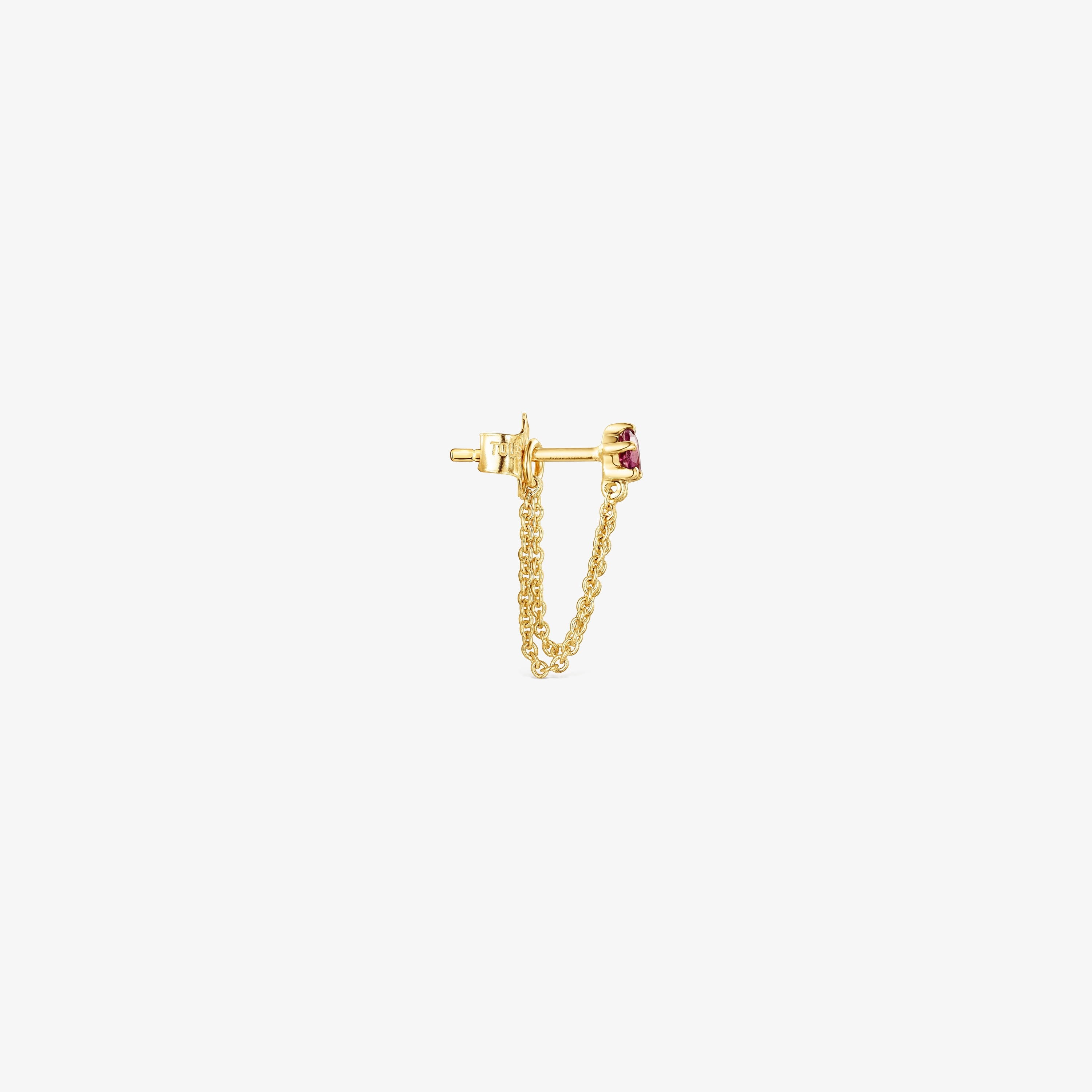 18K Solid Gold TOUS Cool Joy 1/2 Earring with double chain and rhodolite