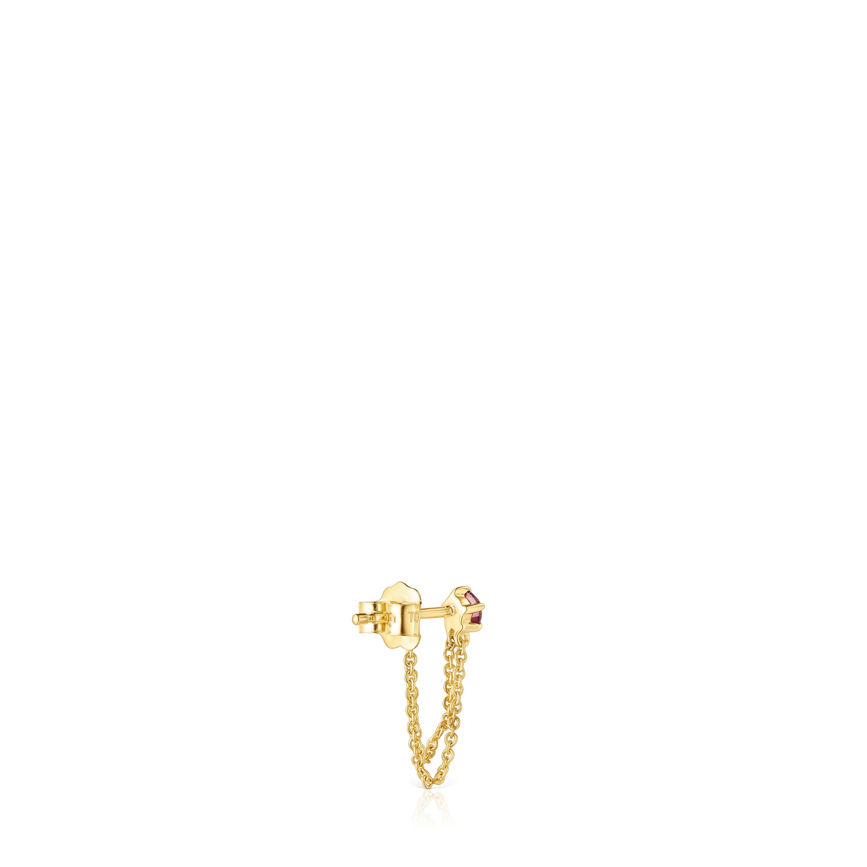 Gold TOUS Cool Joy 1/2 Earring with double chain and rhodolite