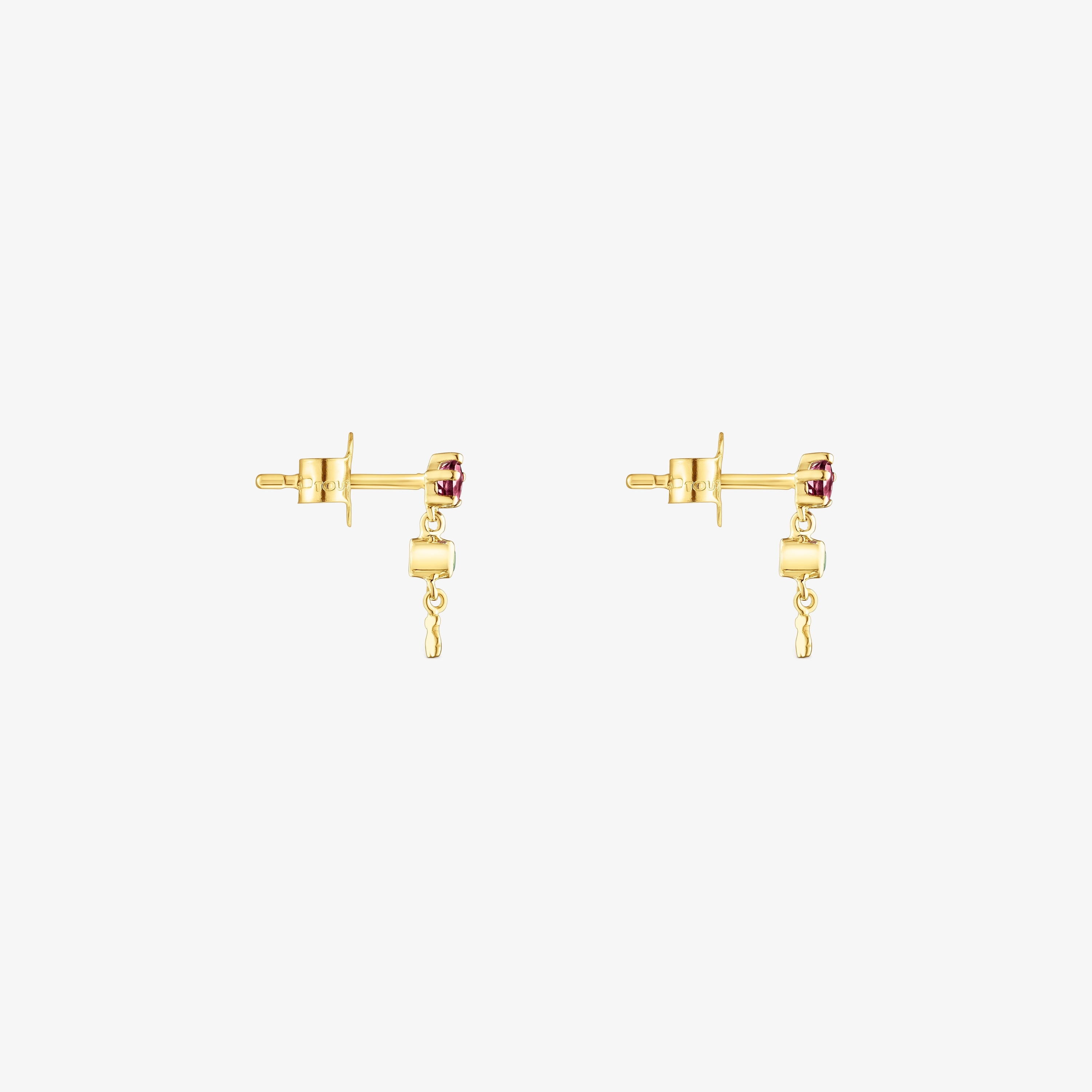 18K Solid Gold TOUS Cool Joy Earrings with rhodolite, chrome diopside and bear motif