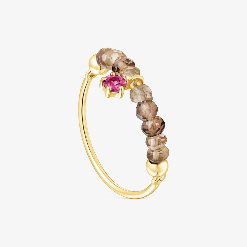 18K Solid Gold TOUS Cool Joy Ring with smoky quartz and rhodolite