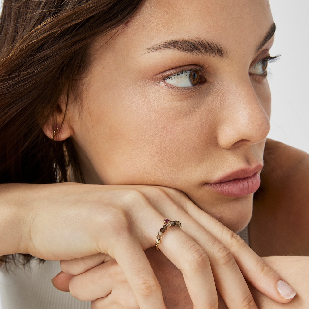 18K Solid Gold TOUS Cool Joy Ring with smoky quartz and rhodolite