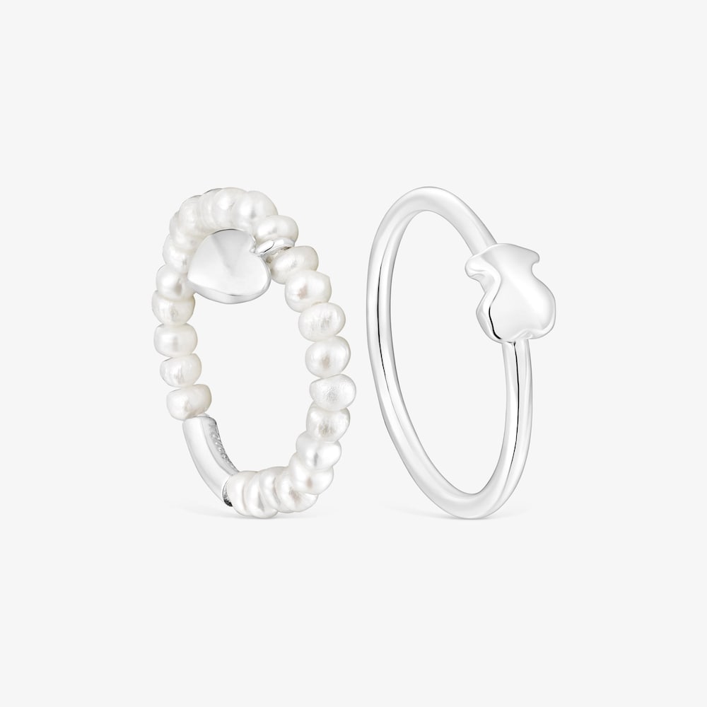 Silver and cultured pearls Mini Icons heart and bear Ring set