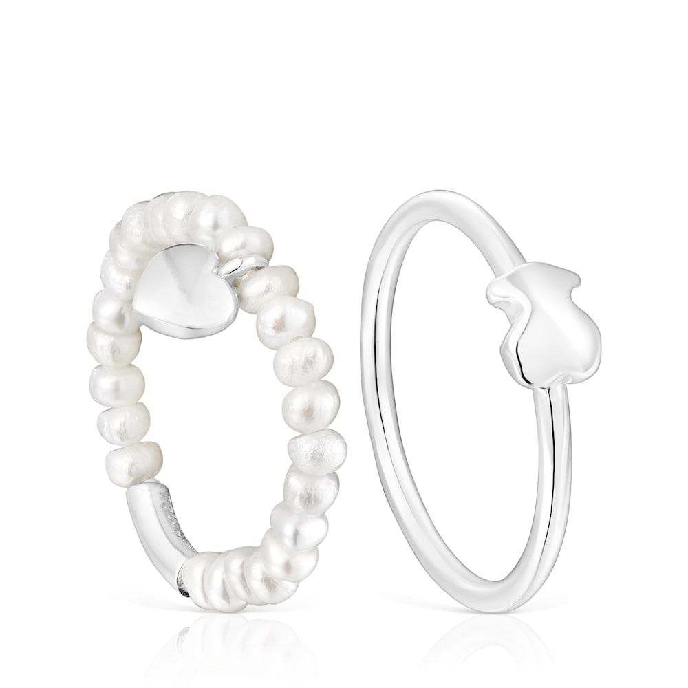 Pack de anillos de plata y perlas cultivadas, corazón y oso Mini Icons image number 0
