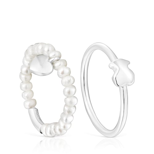 Pack de anillos de plata y perlas cultivadas, corazón y oso Mini Icons