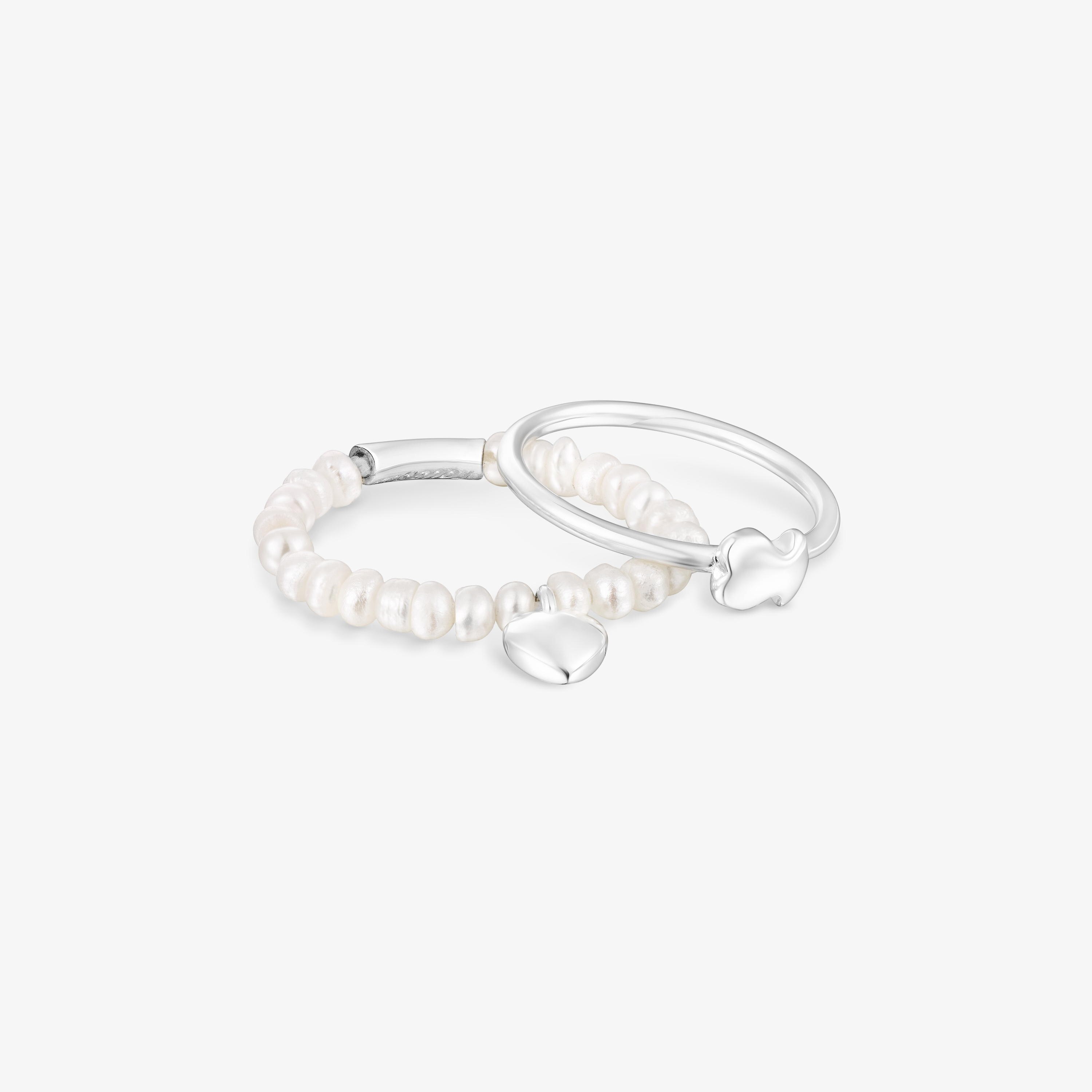 Silver and cultured pearls Mini Icons heart bear Ring set