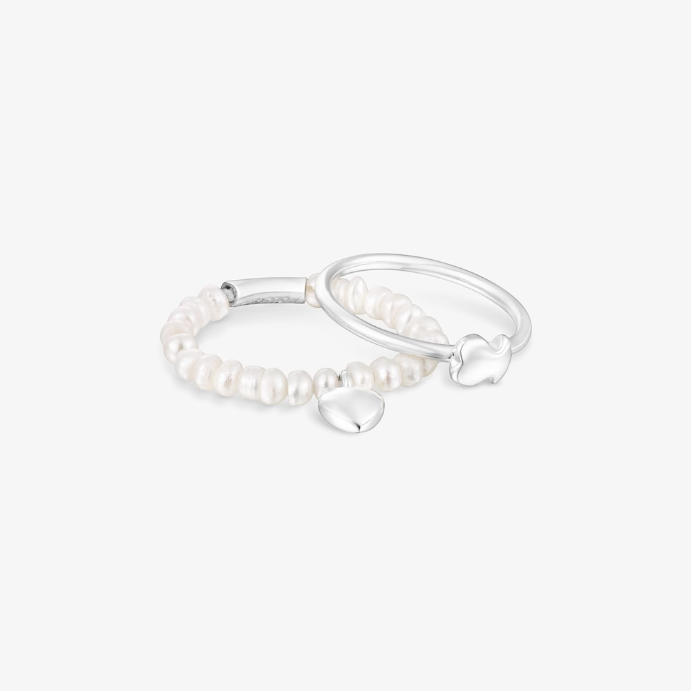 Silver and cultured pearls Mini Icons heart and bear Ring set
