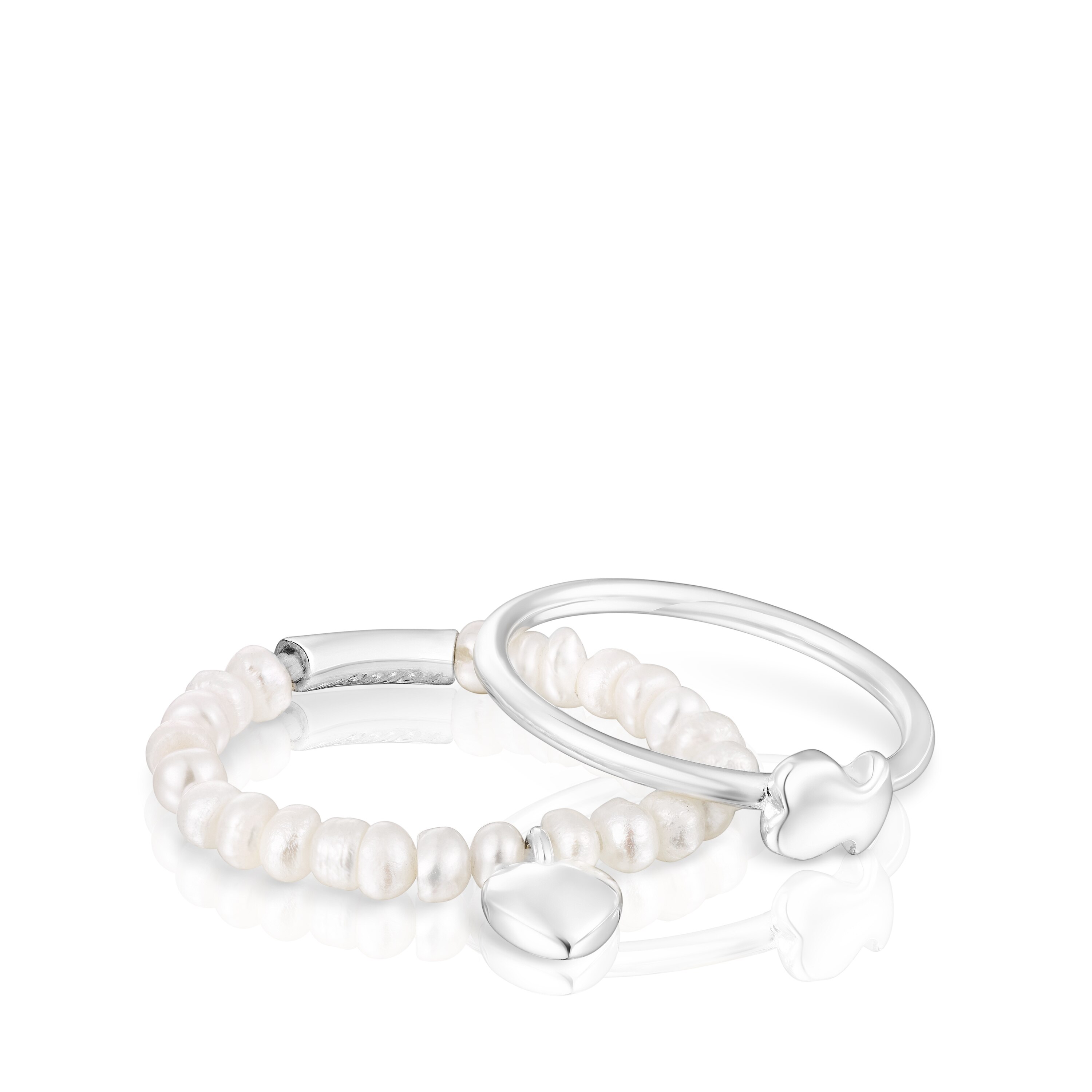 Silver and cultured pearls Mini Icons heart bear Ring set