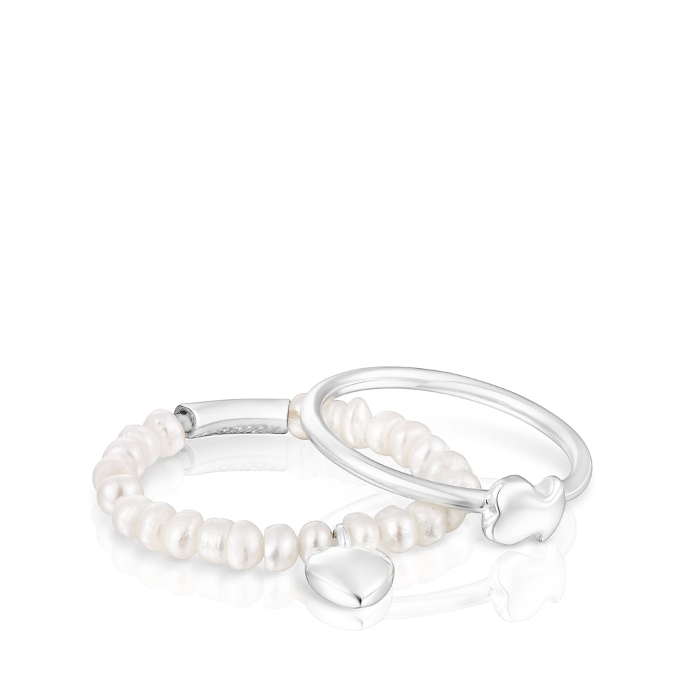 Pack de anillos de plata y perlas cultivadas, corazón y oso Mini Icons image number 1