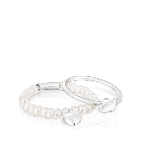 Pack de anillos de plata y perlas cultivadas, corazón y oso Mini Icons
