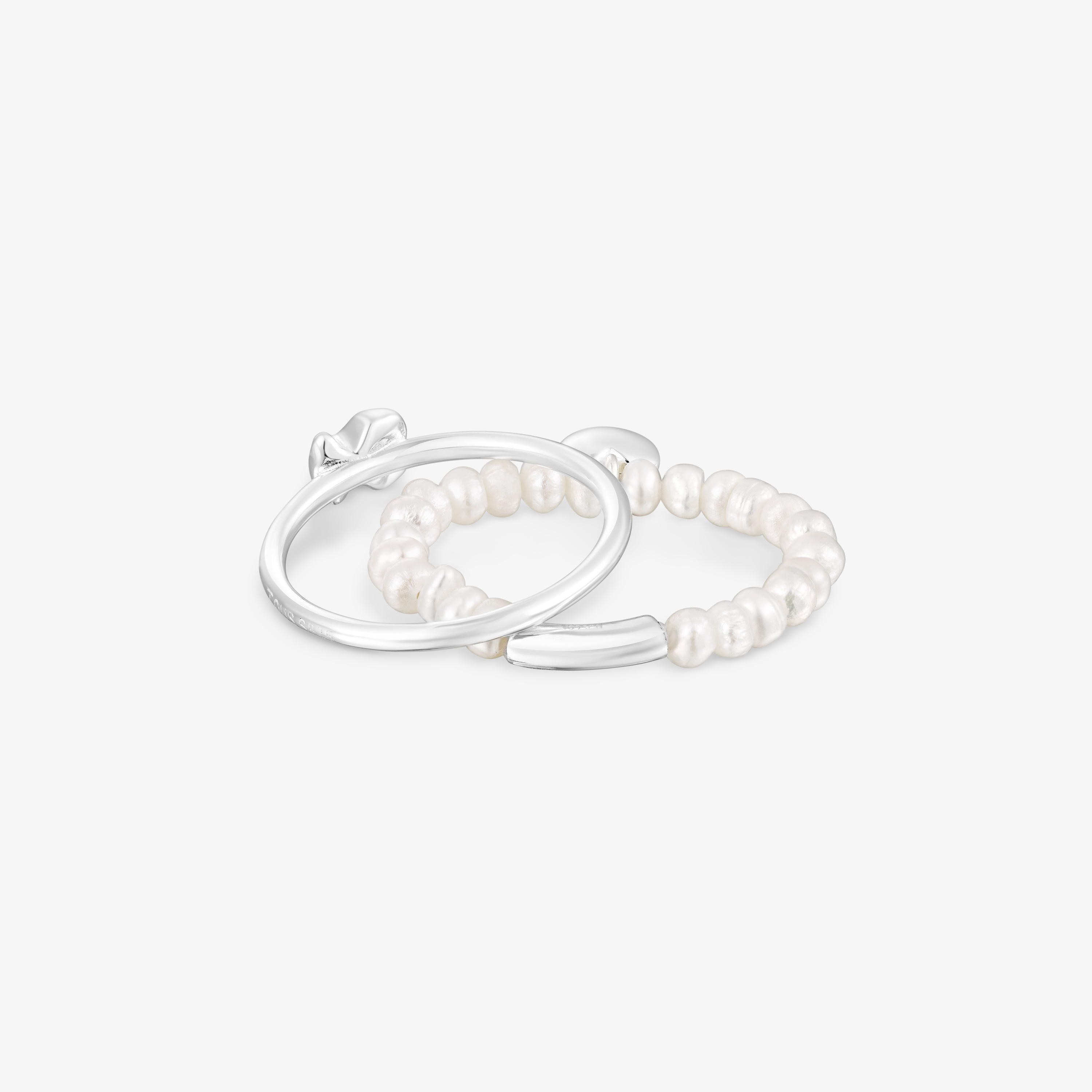 Silver and cultured pearls Mini Icons heart bear Ring set