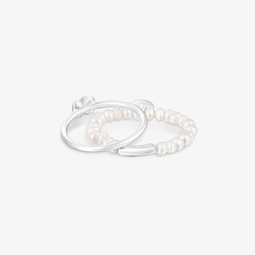 Silver and cultured pearls Mini Icons heart and bear Ring set