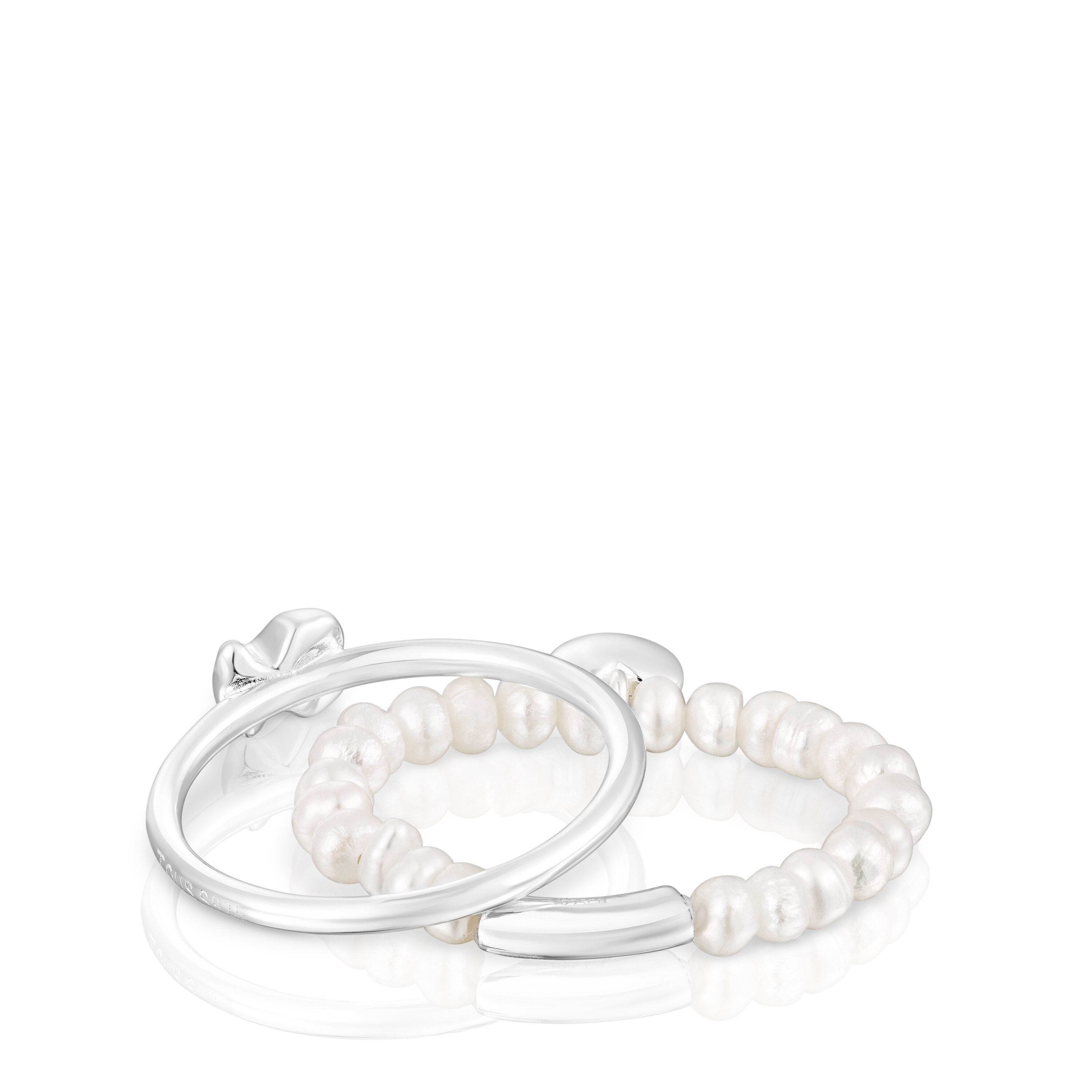 Silver and cultured pearls Mini Icons heart bear Ring set