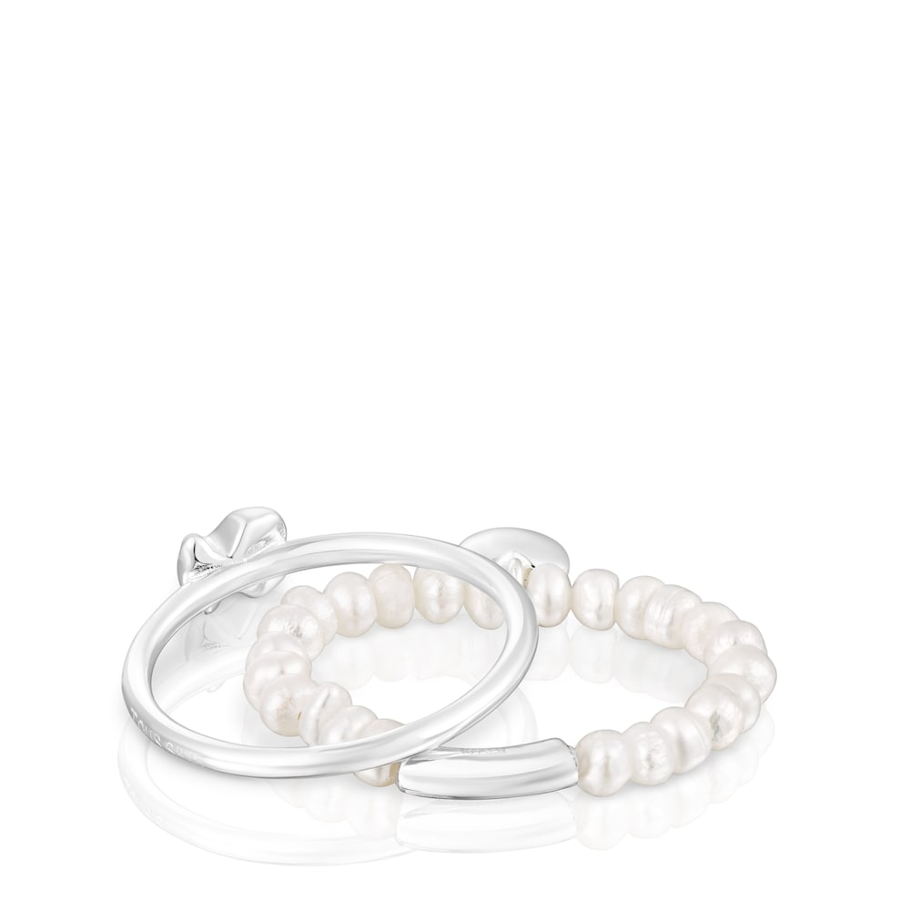 Pack de anillos de plata y perlas cultivadas, corazón y oso Mini Icons image number 2