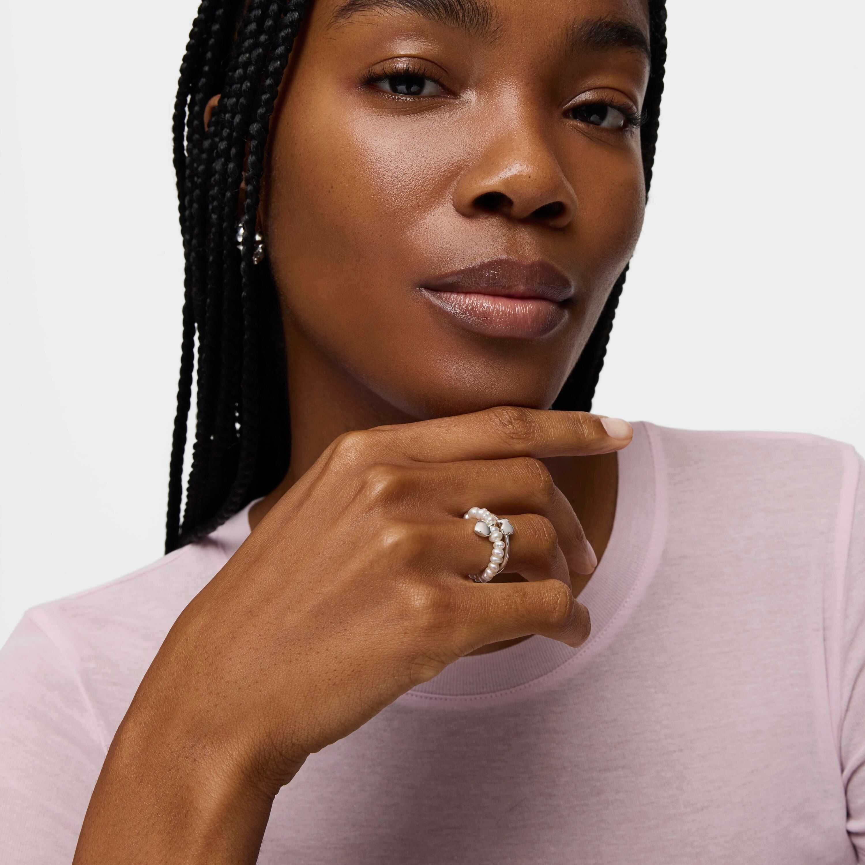 Silver and cultured pearls Mini Icons heart bear Ring set