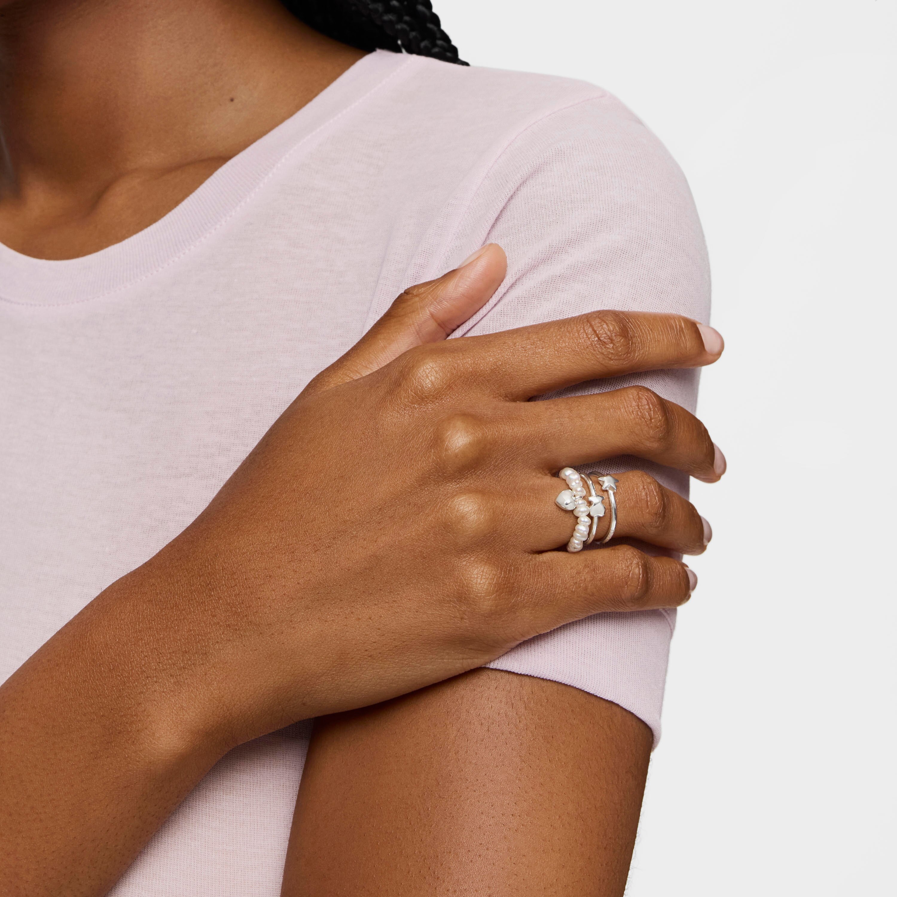 Silver and cultured pearls Mini Icons heart bear Ring set