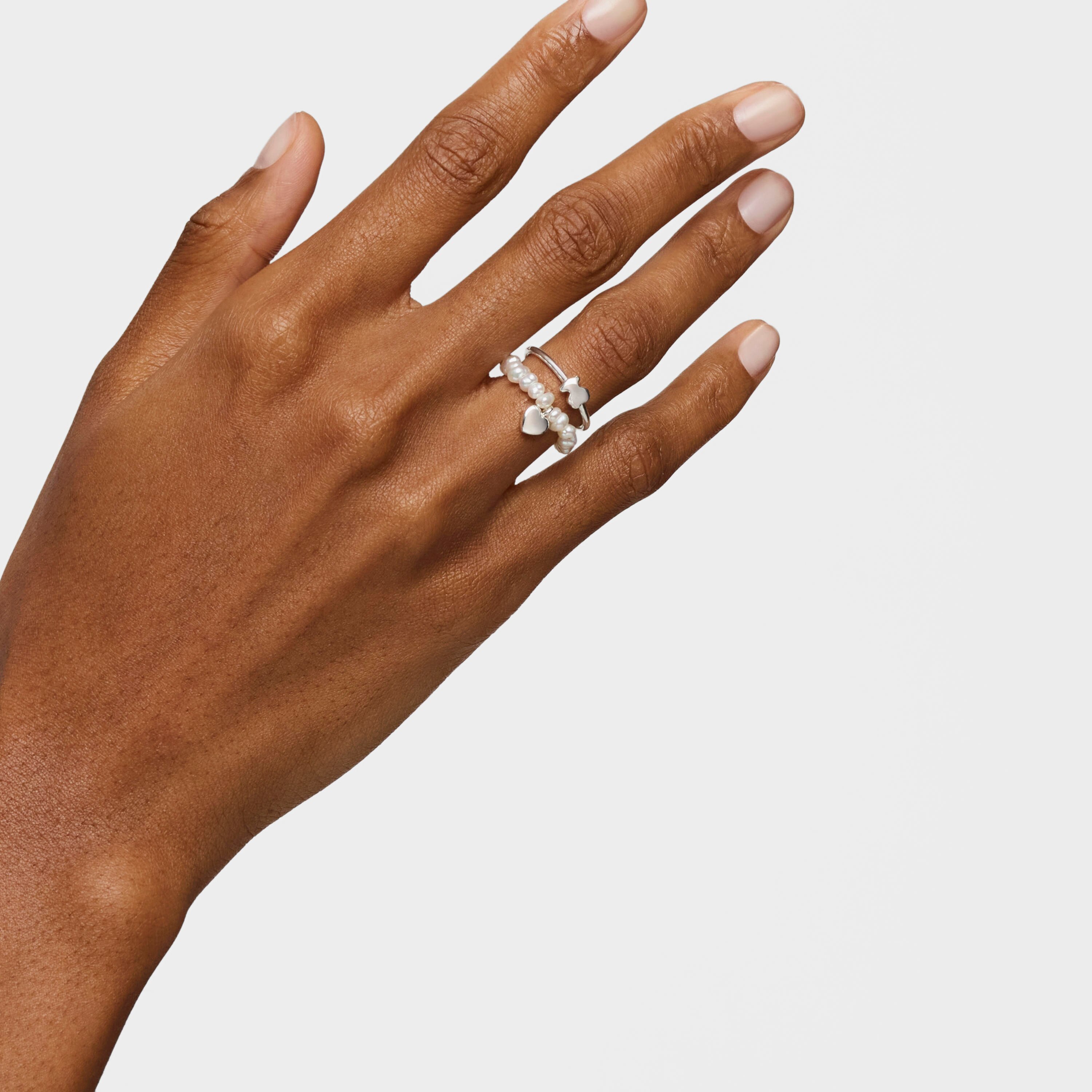 Silver and cultured pearls Mini Icons heart bear Ring set