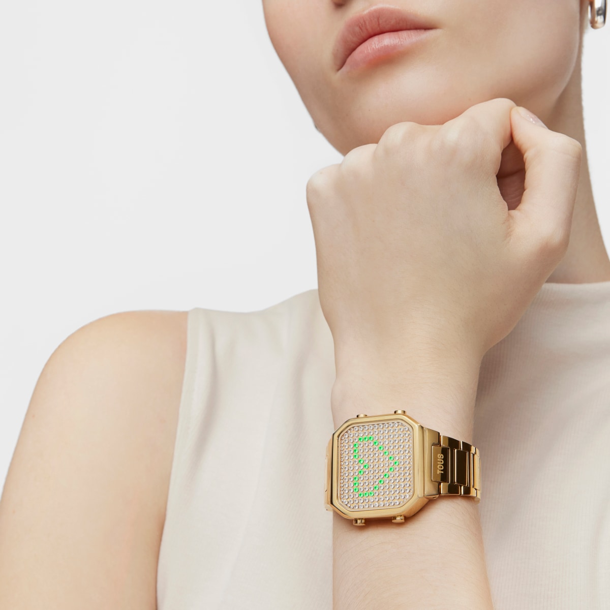 Reloj digital con brazalete de acero IPG dorado y caja con leds D-BEAR