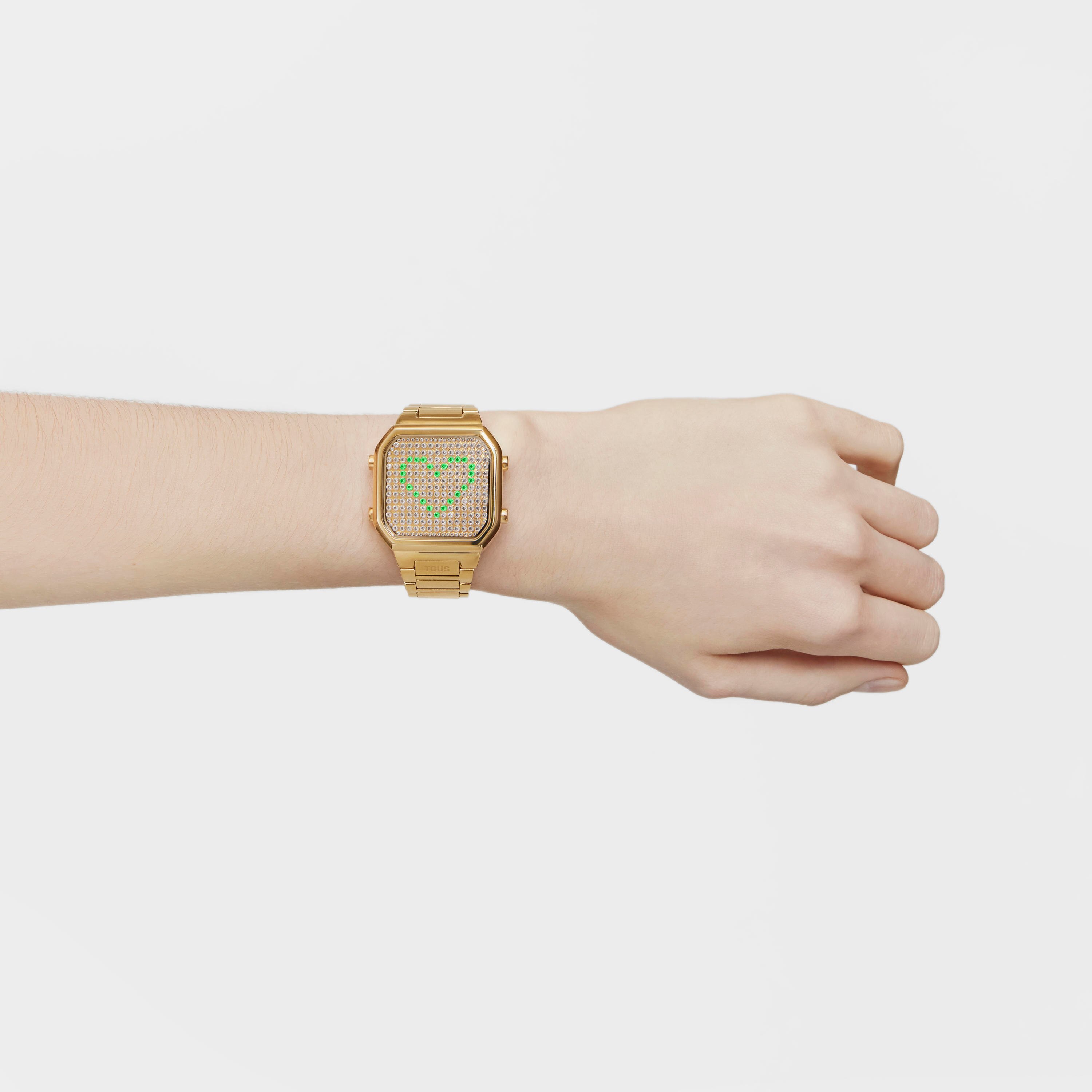 Digital Watch with gold-colored IPG steel bracelet and case with LEDs D-BEAR