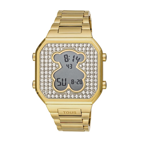 Reloj digital con brazalete de acero IPG dorado y zirconitas D-BEAR