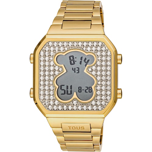 Digital Watch with gold-colored IPG steel bracelet and zirconias D-BEAR