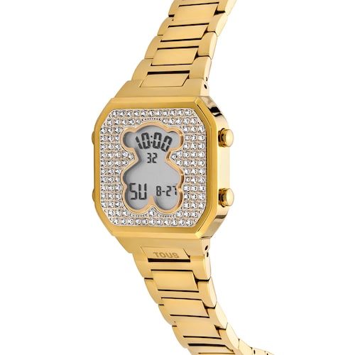 Digital Watch with gold-colored IPG steel bracelet and zirconias D-BEAR