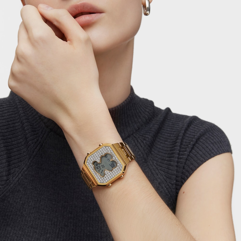 Digit&aacute;ln&iacute; hodinky s&nbsp;n&aacute;ramkem z&nbsp;oceli IPG ve zlat&eacute; barvě a zirkoniemi D-BEAR