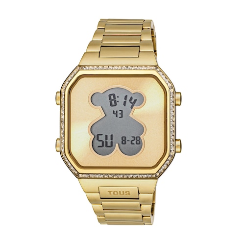 Reloj digital con brazalete de acero IPG dorado y zirconitas D-BEAR