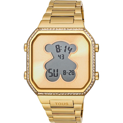 Reloj digital con brazalete de acero IPG dorado y zirconitas D-BEAR