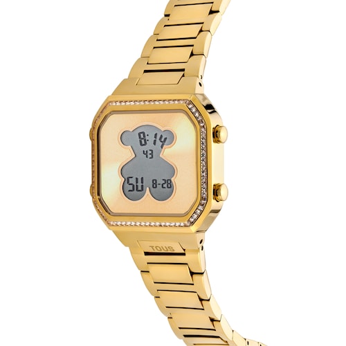 Reloj digital con brazalete de acero IPG dorado y zirconitas D-BEAR