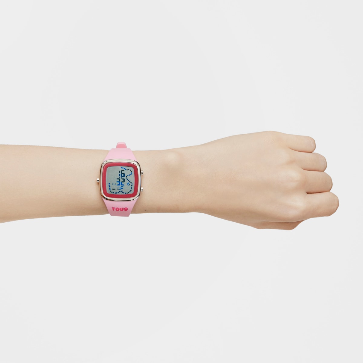 Reloj digital con correa de silicona en color rosa y caja de acero TOUS B-Time