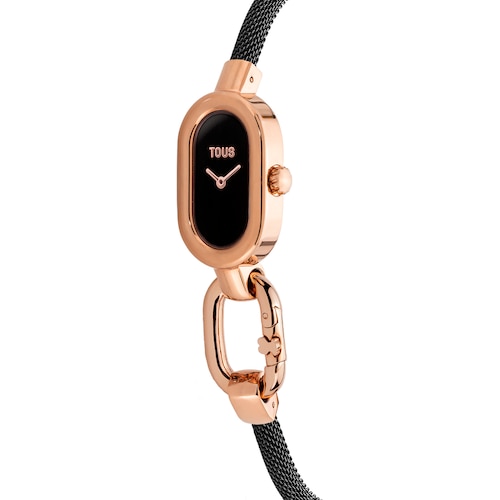 Analog Watch with black IP steel bracelet and rose-colored IPRG steel case TOUS Hold Oval
