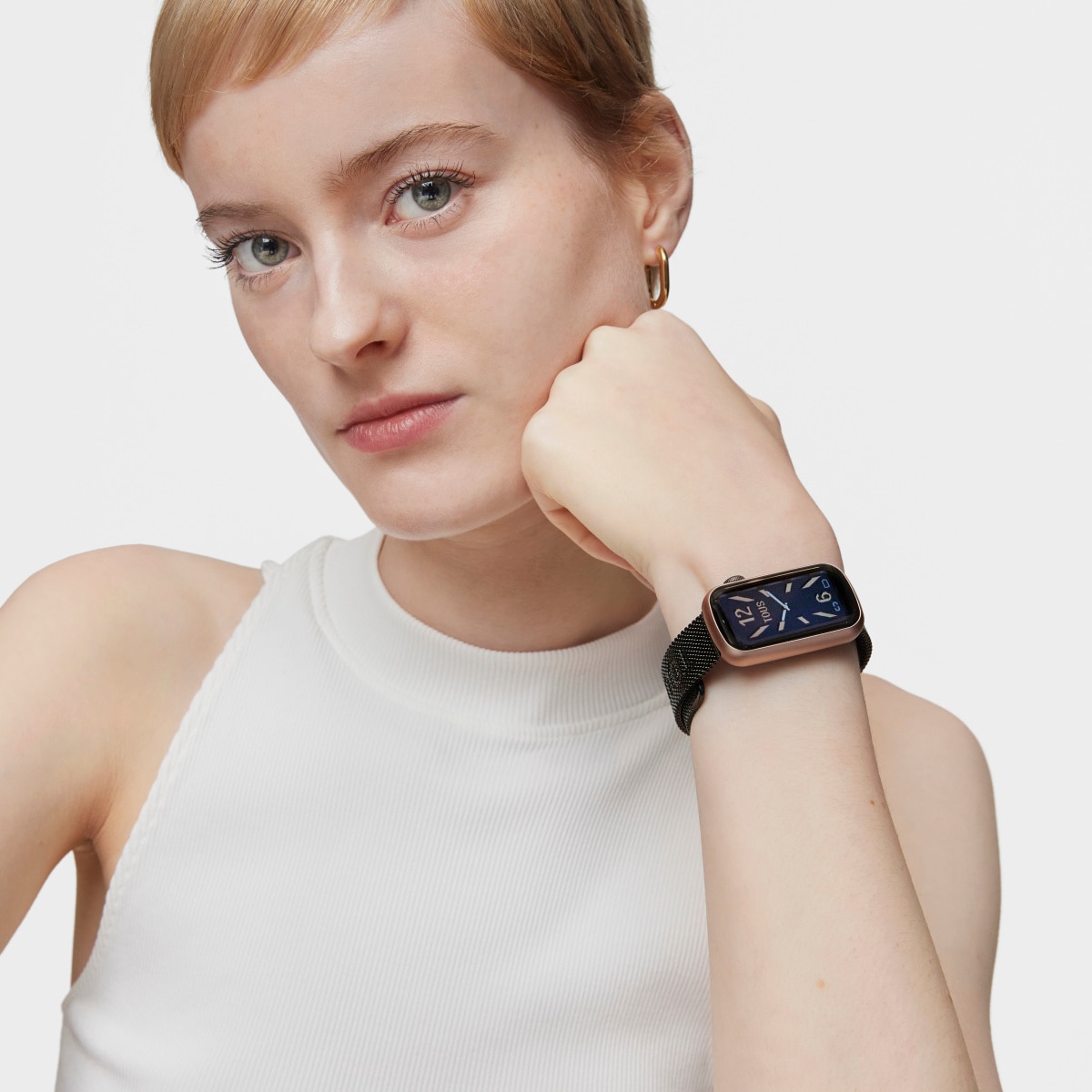 Smartwatch with gray IP steel bracelet and aluminum case in rose-colored IPRG TOUS T-Band Mesh