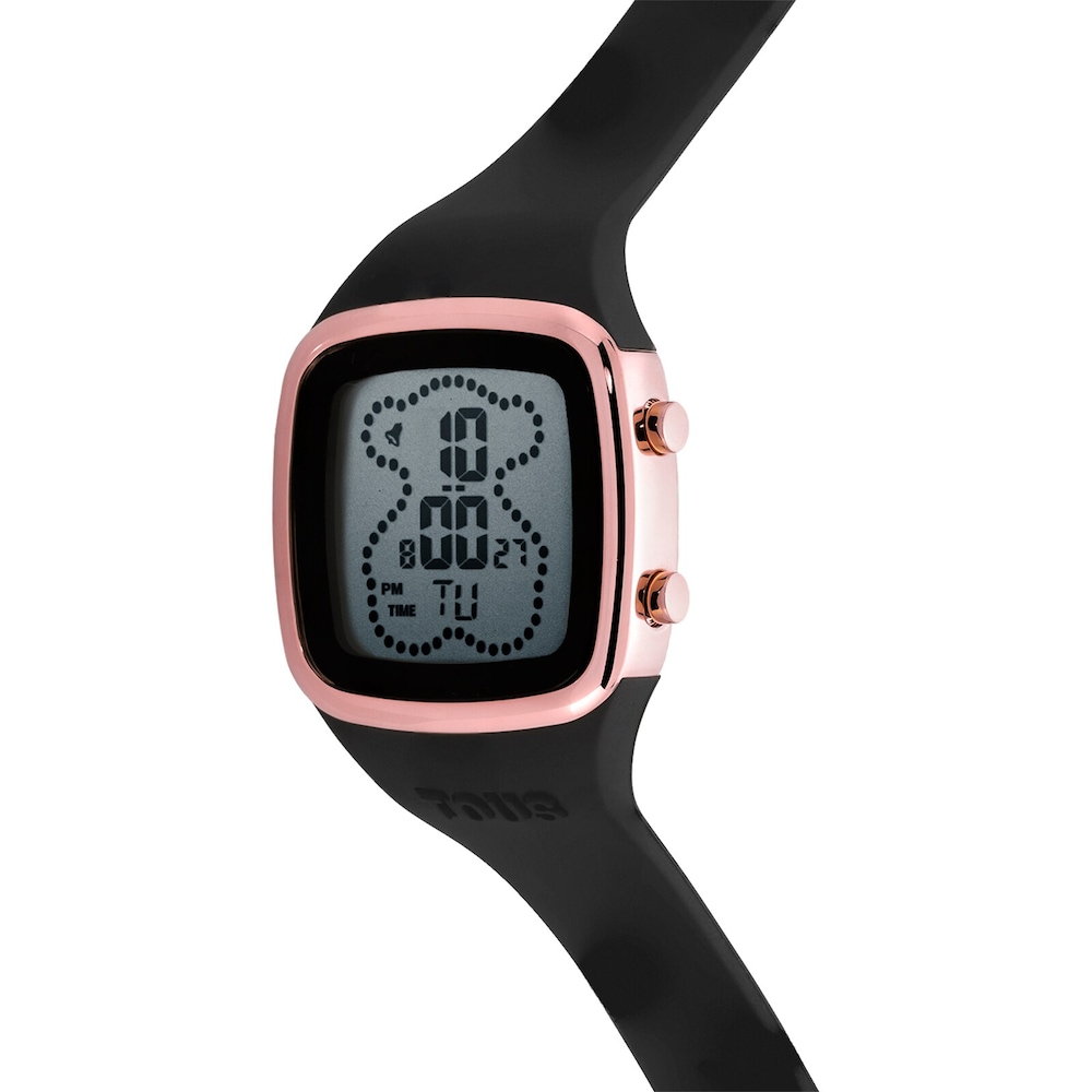 Reloj digital con correa de silicona en color negro y caja de acero IPRG rosado TOUS B-Time