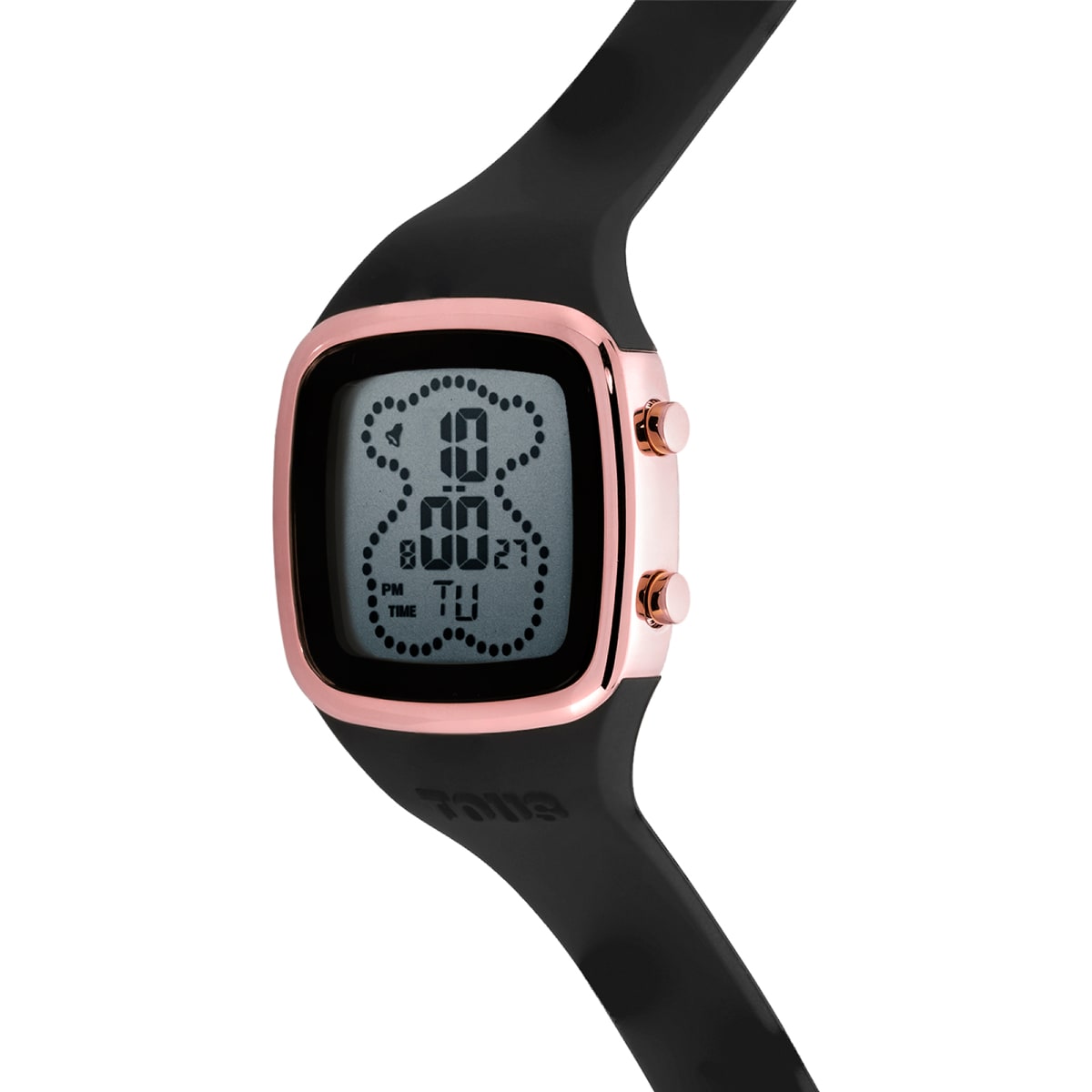 Reloj digital con correa de silicona en color negro y caja de acero IPRG rosado TOUS B-Time