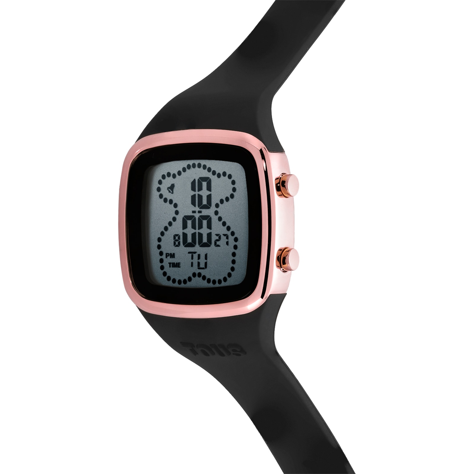 Reloj digital con correa de silicona en color negro y caja de acero IPRG rosado TOUS B-Time