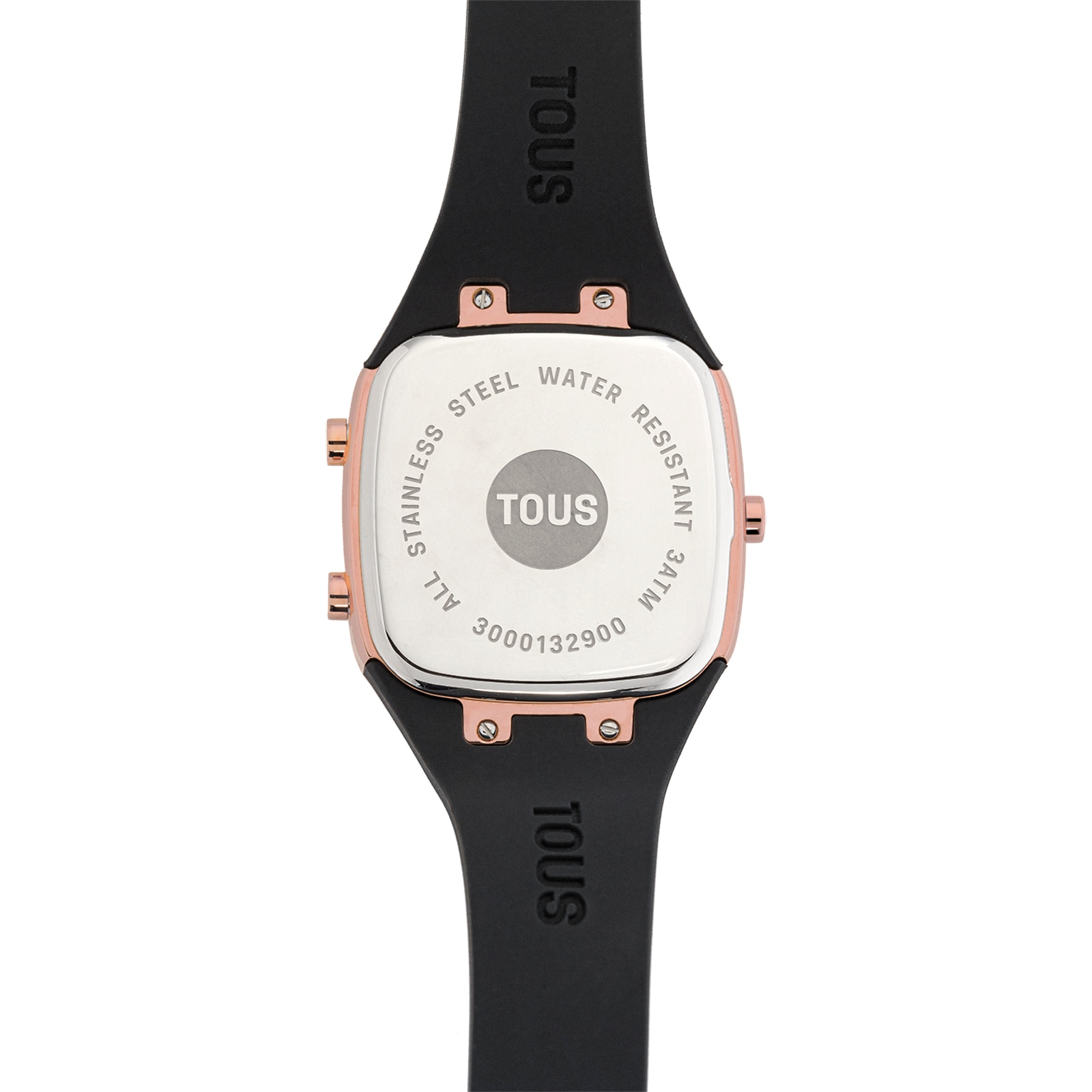 Reloj digital con correa de silicona en color negro y caja de acero IPRG rosado TOUS B-Time