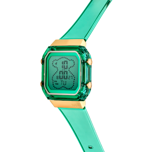 Mint-colored polycarbonate and gold-colored IPG steel digital Watch D-BEAR Fresh