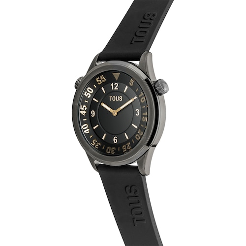 Reloj analógico con correa de silicona negra y caja de acero IP gris TOUS Now