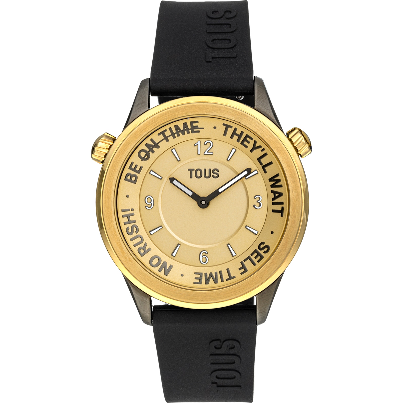 Reloj analógico con correa de silicona negra y caja de acero IPG dorado TOUS Now